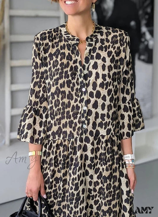 Amy Fashion - Print Mid-Sleeve Long Temperament All-Match Dress Dresses