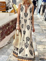Amy Fashion - Printed Deep V Neck Loose Casual Sleeveless Party Dresses 01 White / S