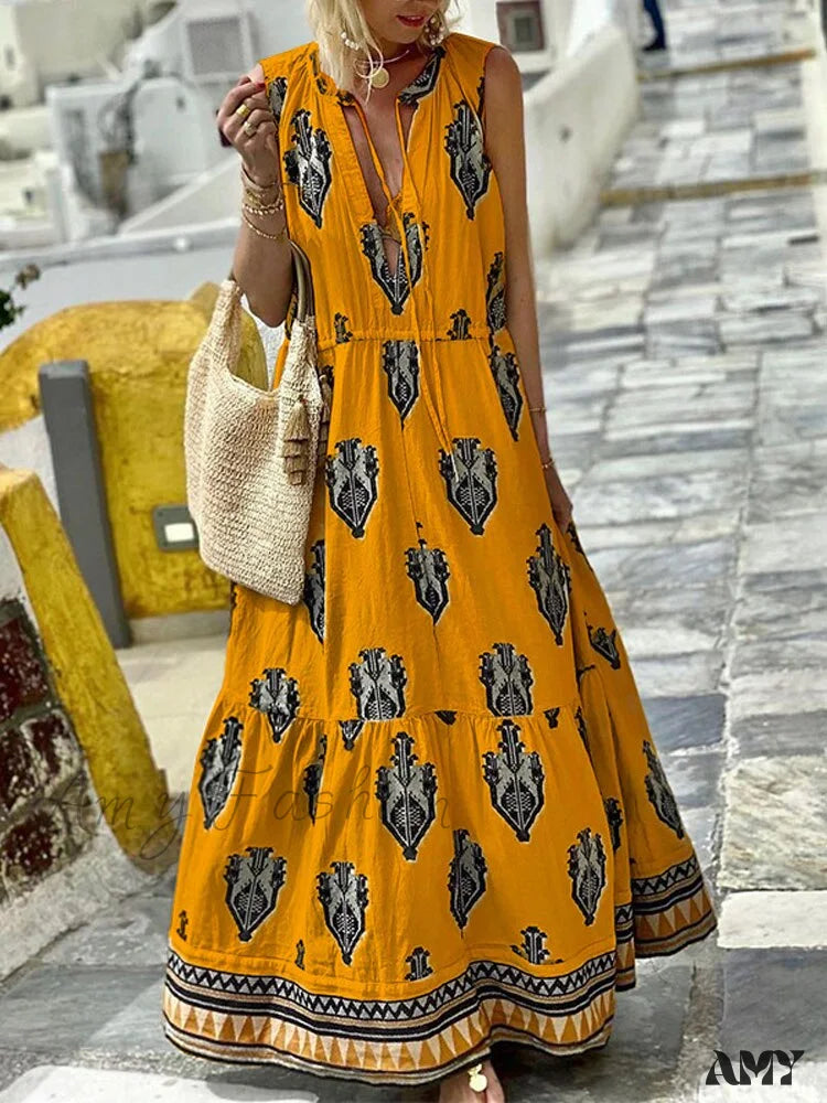 Amy Fashion - Printed Deep V Neck Loose Casual Sleeveless Party Dresses 02 Yellow / S