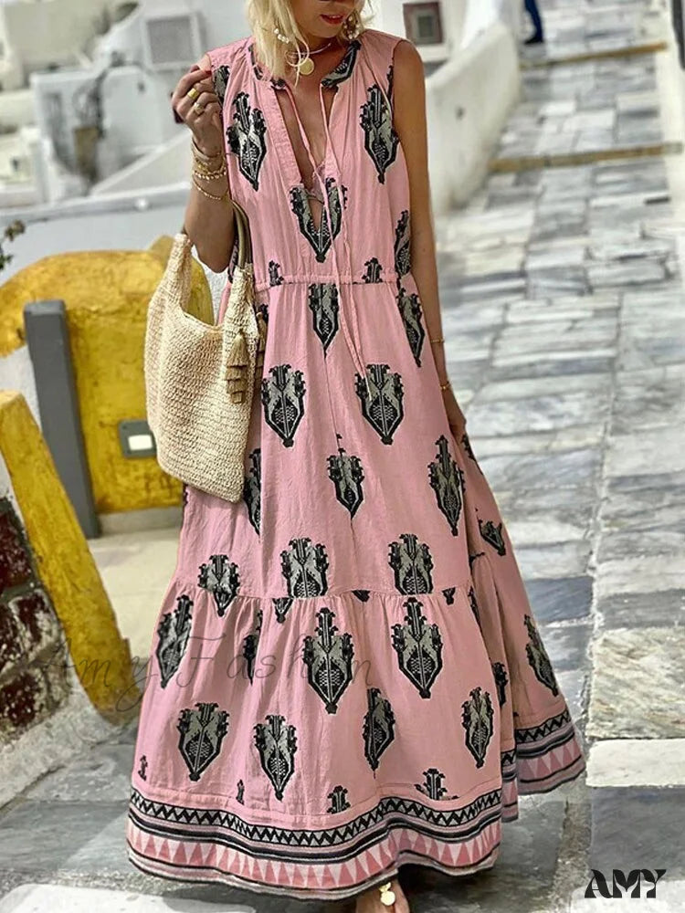 Amy Fashion - Printed Deep V Neck Loose Casual Sleeveless Party Dresses 03 Pink / S