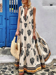 Amy Fashion - Printed Deep V Neck Loose Casual Sleeveless Party Dresses