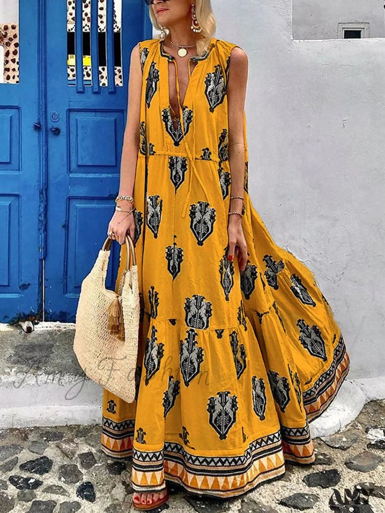 Amy Fashion - Printed Deep V Neck Loose Casual Sleeveless Party Dresses