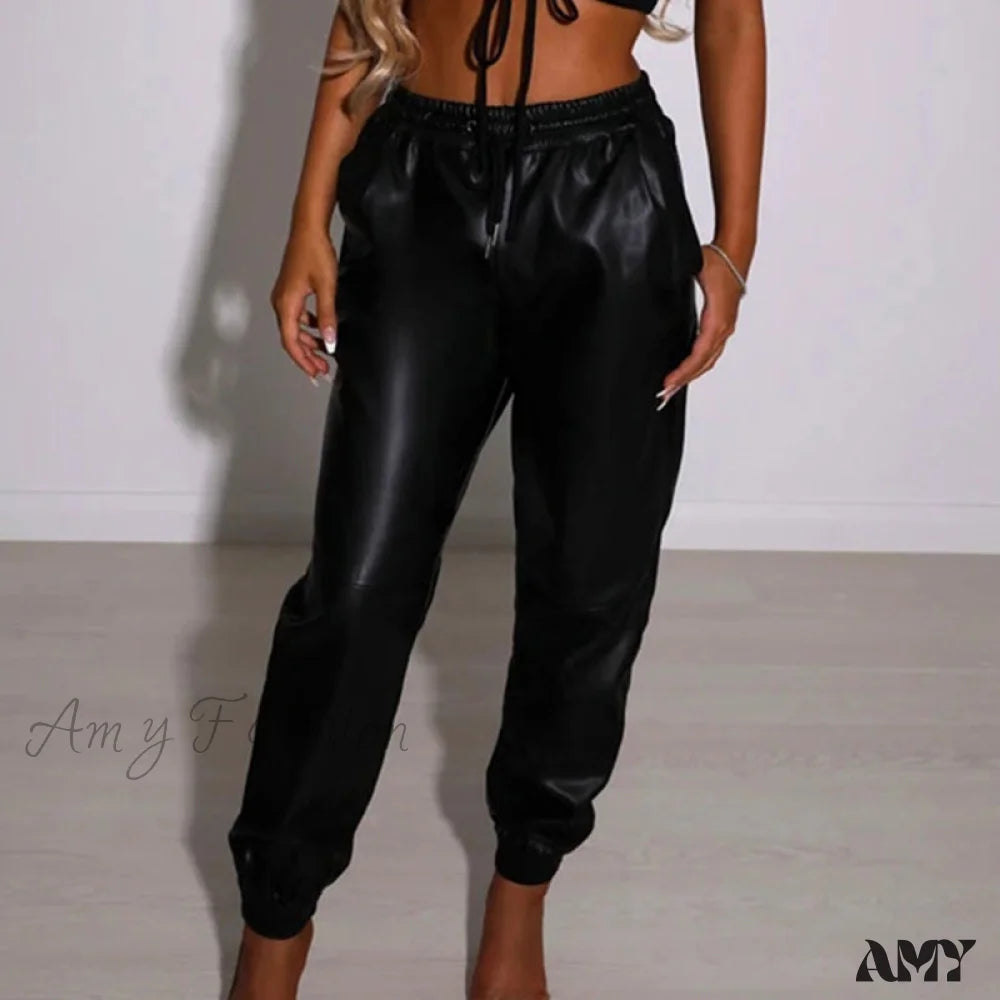 Amy Fashion - Pu Leather Elegant Office Pants Styel 1-Black / S