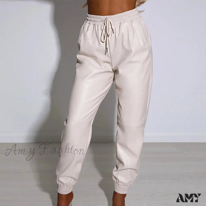 Amy Fashion - Pu Leather Elegant Office Pants Styel 1-White / S