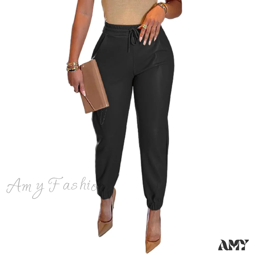 Amy Fashion - Pu Leather Elegant Office Pants Styel 2-Black / S