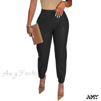 Amy Fashion - Pu Leather Elegant Office Pants Styel 2-Black / S