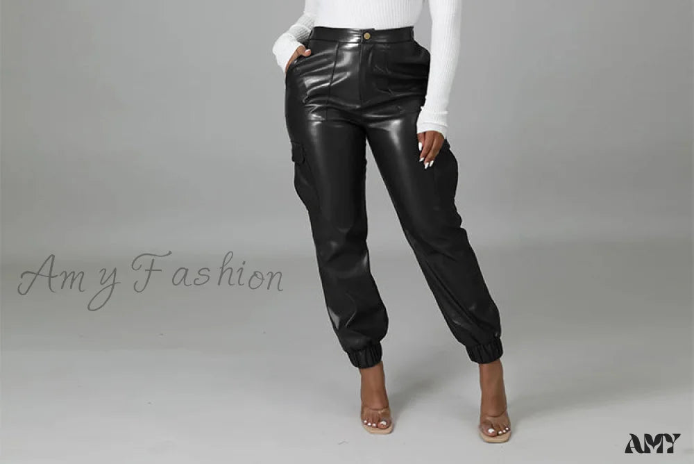 Amy Fashion - Pu Leather Elegant Office Pants Styel 3-Black / S