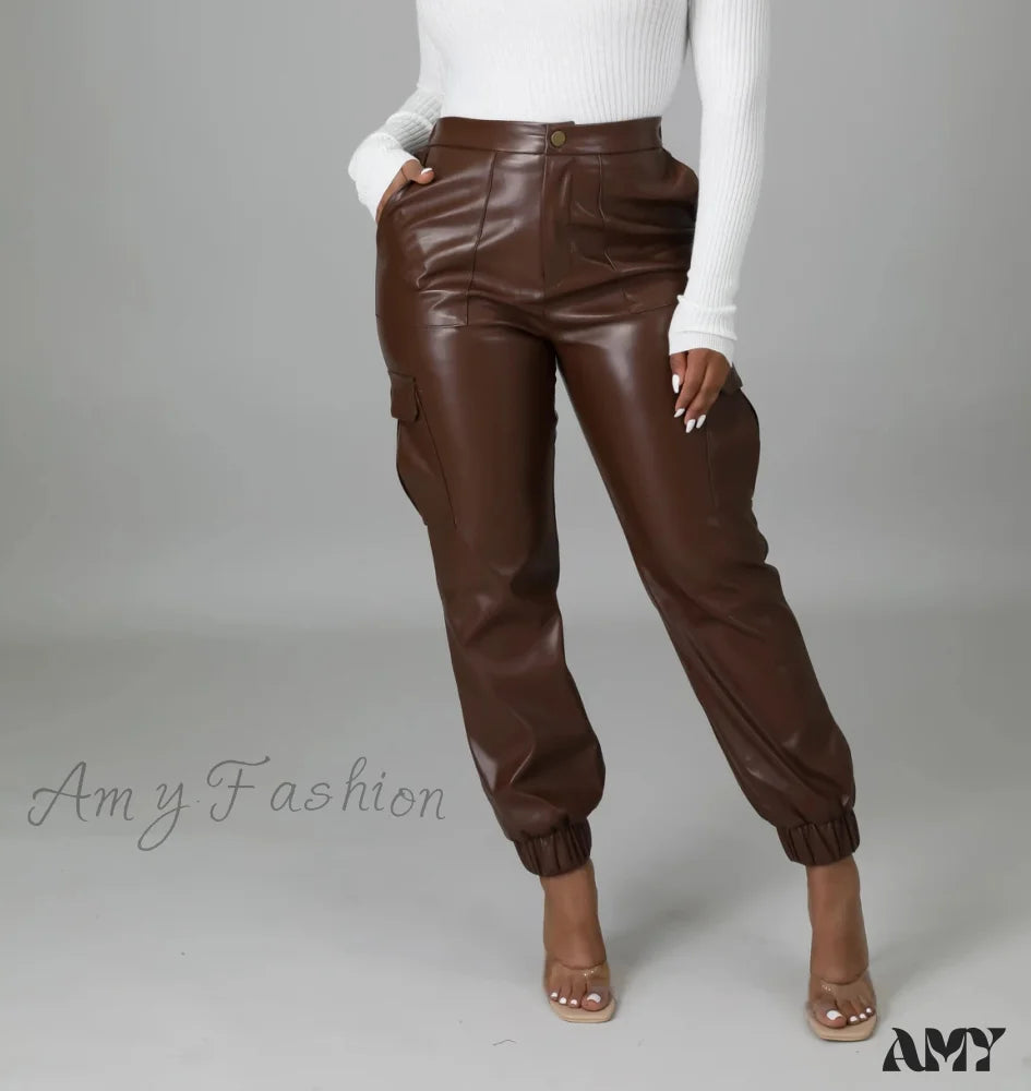 Amy Fashion - Pu Leather Elegant Office Pants Styel 3-Dark Brown / S