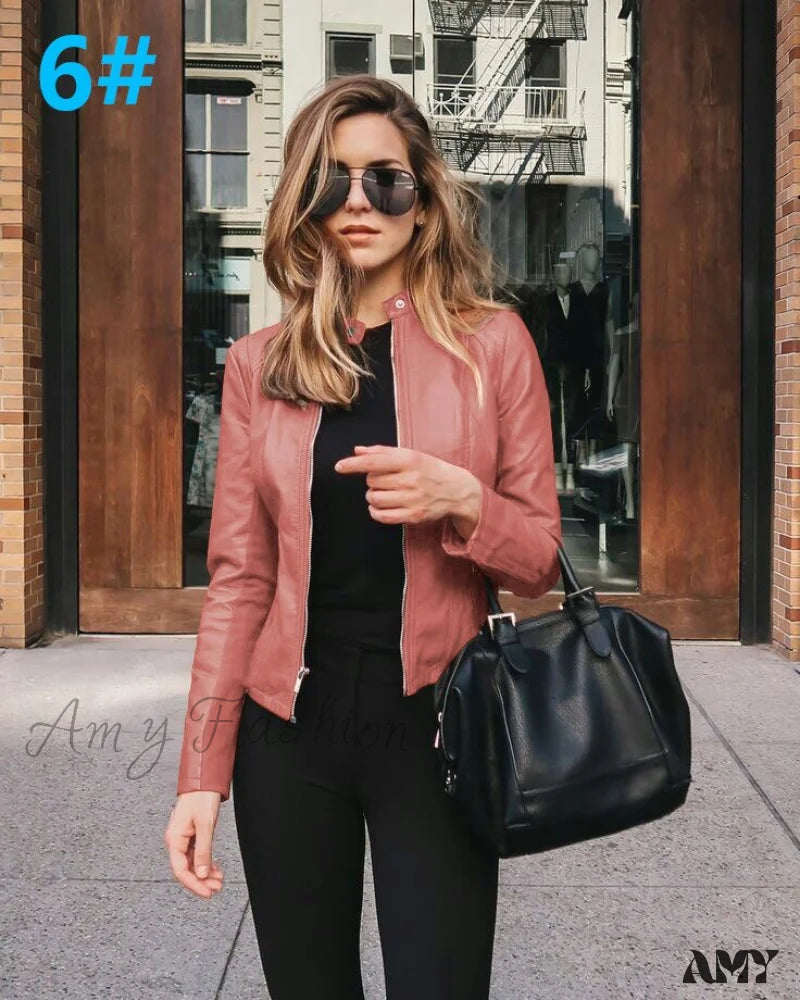 Amy Fashion - Pu Leather Thick Warm Jacket Pink / S