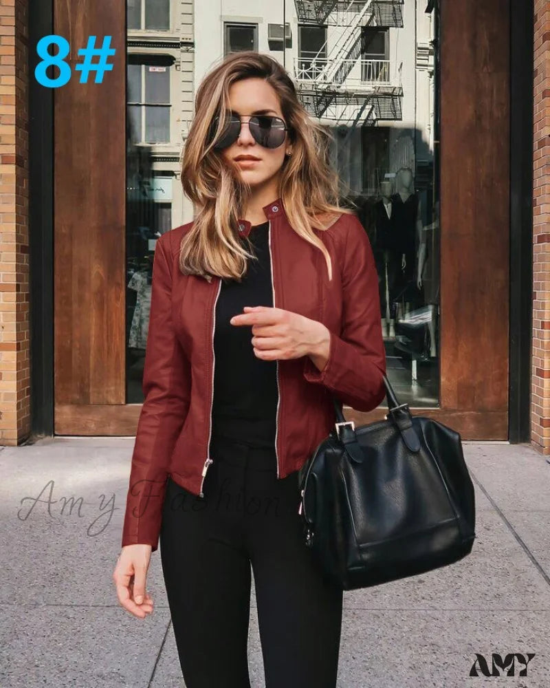 Amy Fashion - Pu Leather Thick Warm Jacket Wine / S