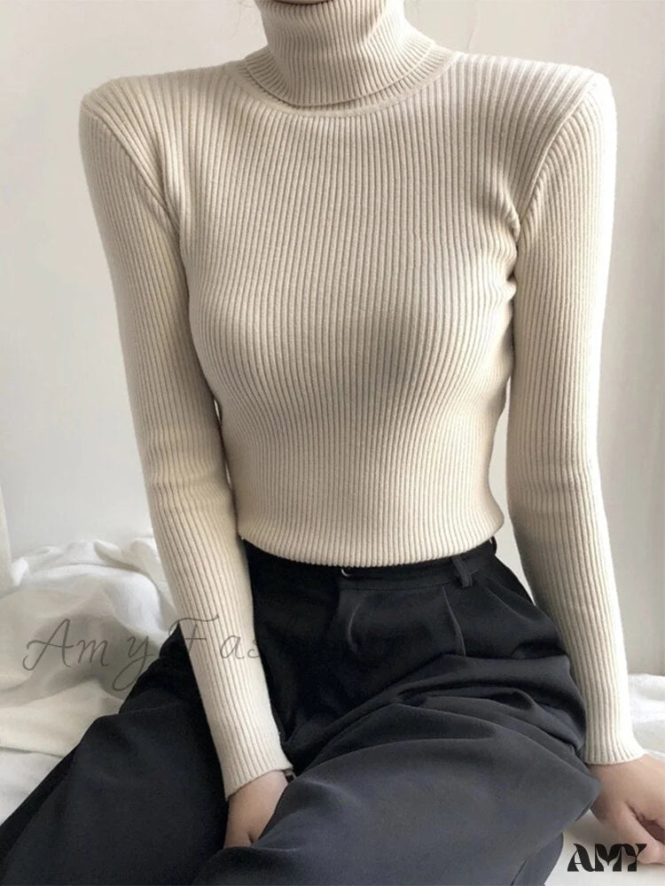 Amy Fashion - Pullover Turtleneck Solid Color Top Apricot / One Size