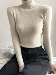 Amy Fashion - Pullover Turtleneck Solid Color Top Apricot / One Size