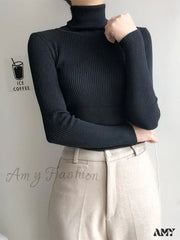 Amy Fashion - Pullover Turtleneck Solid Color Top Black / One Size