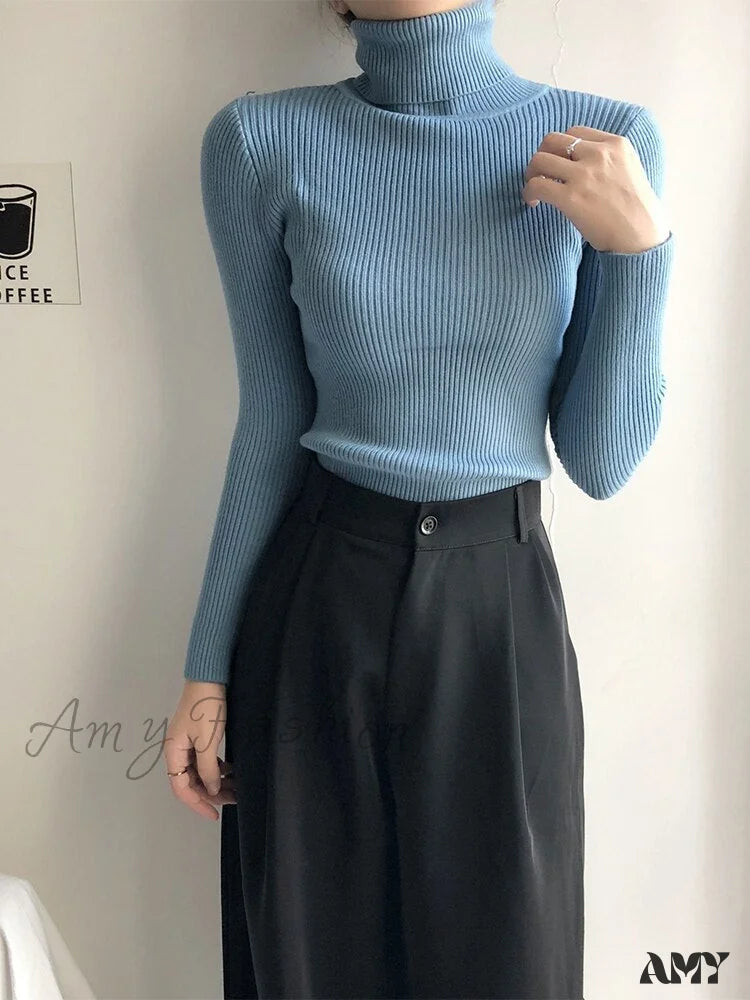 Amy Fashion - Pullover Turtleneck Solid Color Top Bule / One Size