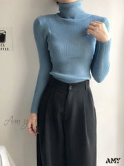 Amy Fashion - Pullover Turtleneck Solid Color Top Bule / One Size
