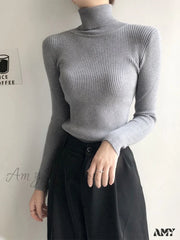 Amy Fashion - Pullover Turtleneck Solid Color Top Gray / One Size