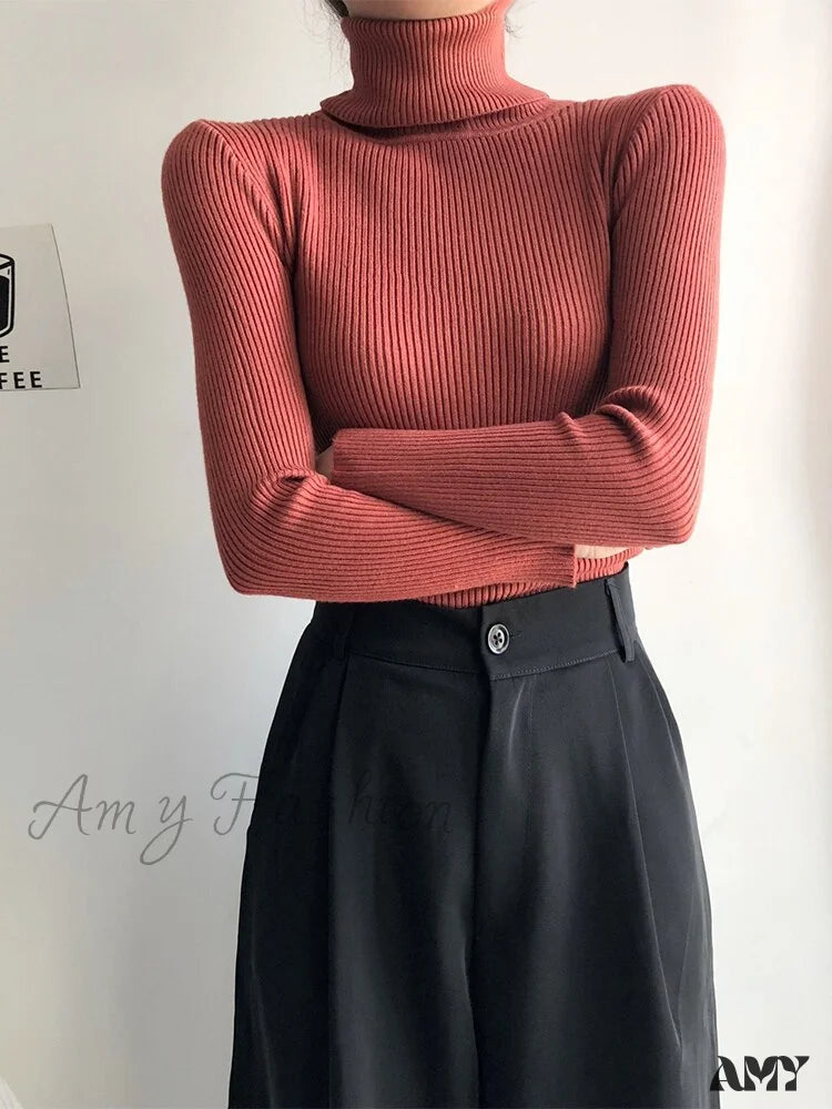Amy Fashion - Pullover Turtleneck Solid Color Top Red / One Size
