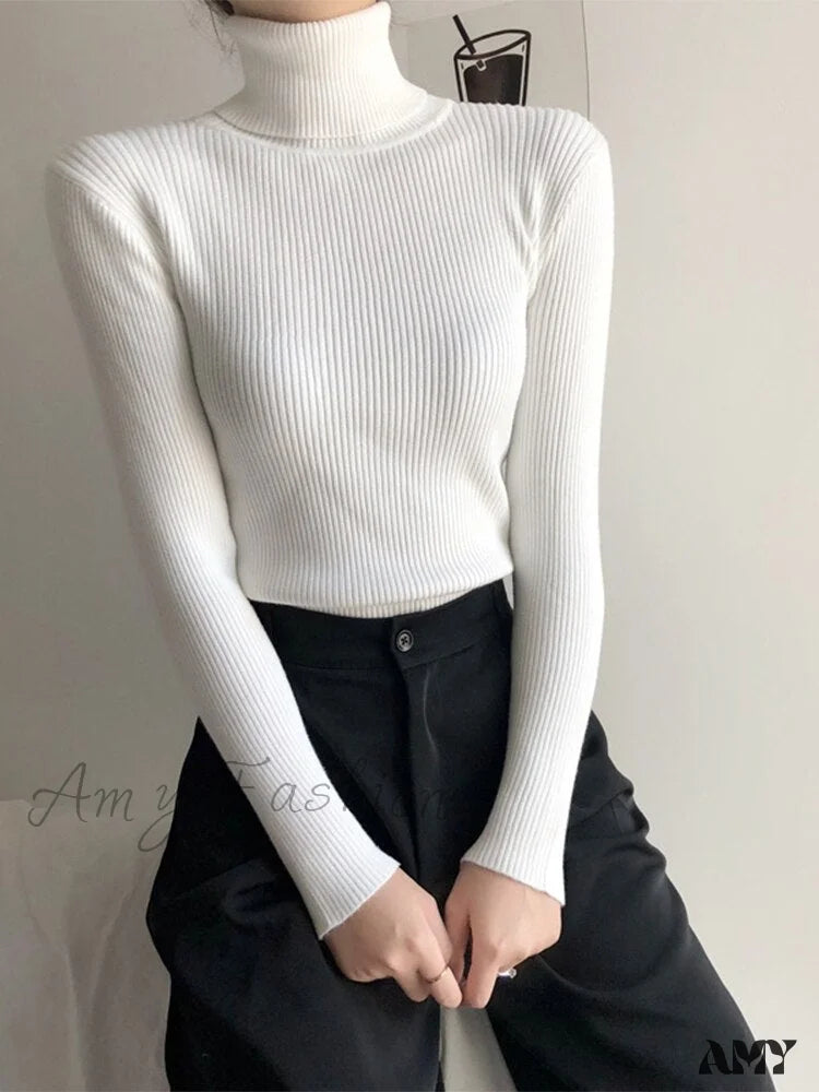 Amy Fashion - Pullover Turtleneck Solid Color Top White / One Size