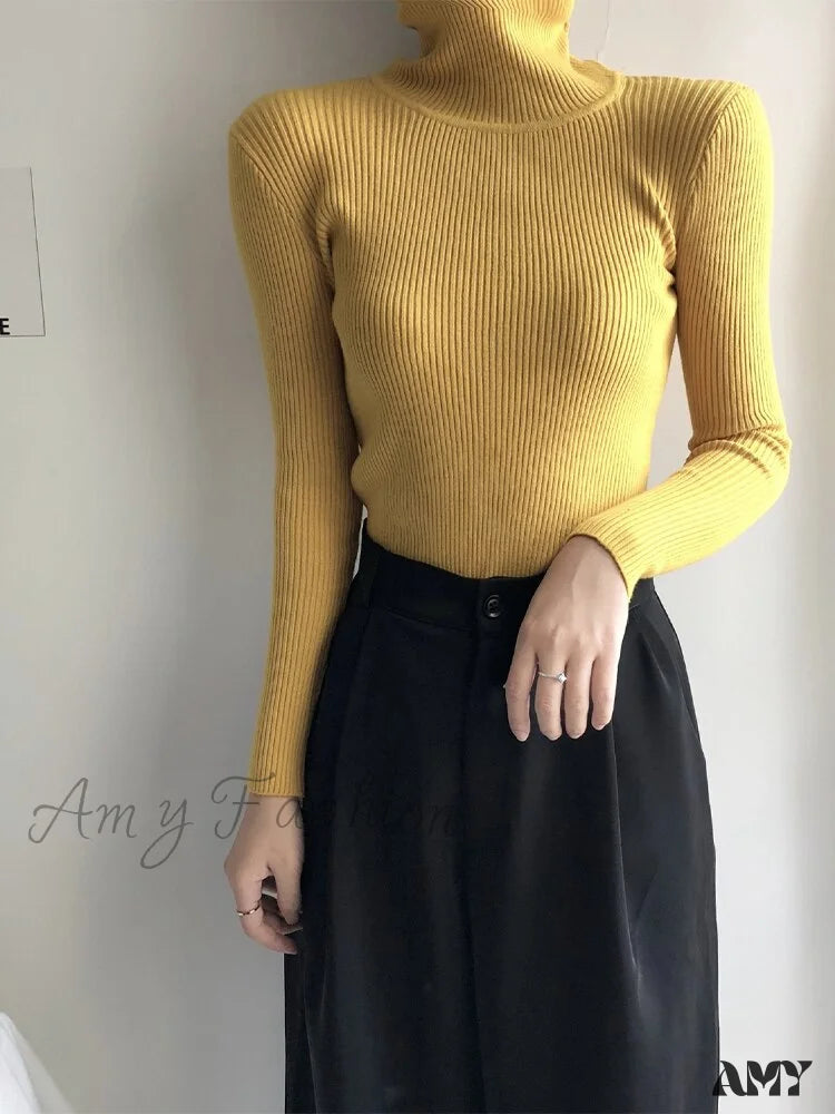 Amy Fashion - Pullover Turtleneck Solid Color Top Yellow / One Size