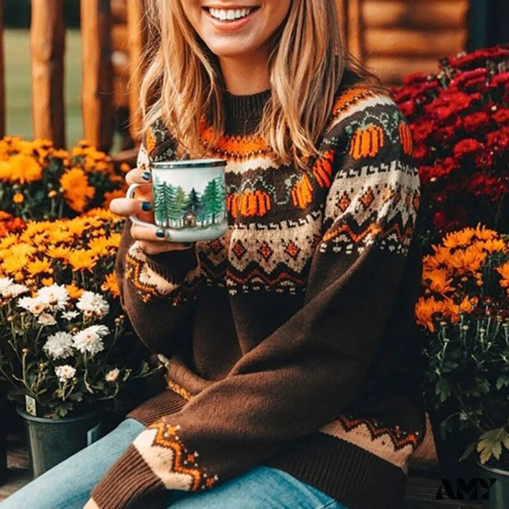 Amy Fashion - Pumpkin Knitted Pullovers Sweaters