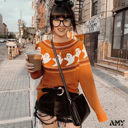 Amy Fashion - Pumpkin Knitted Pullovers Sweaters Orange / S