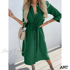 Amy Fashion - Pure Color Elegant Button Lace Up Midi Dress
