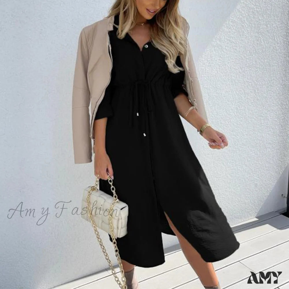 Amy Fashion - Pure Color Elegant Button Lace Up Midi Dress