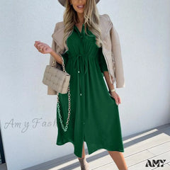 Amy Fashion - Pure Color Elegant Button Lace Up Midi Dress
