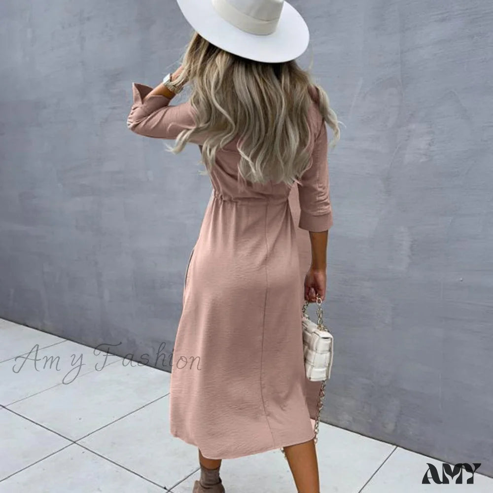 Amy Fashion - Pure Color Elegant Button Lace Up Midi Dress