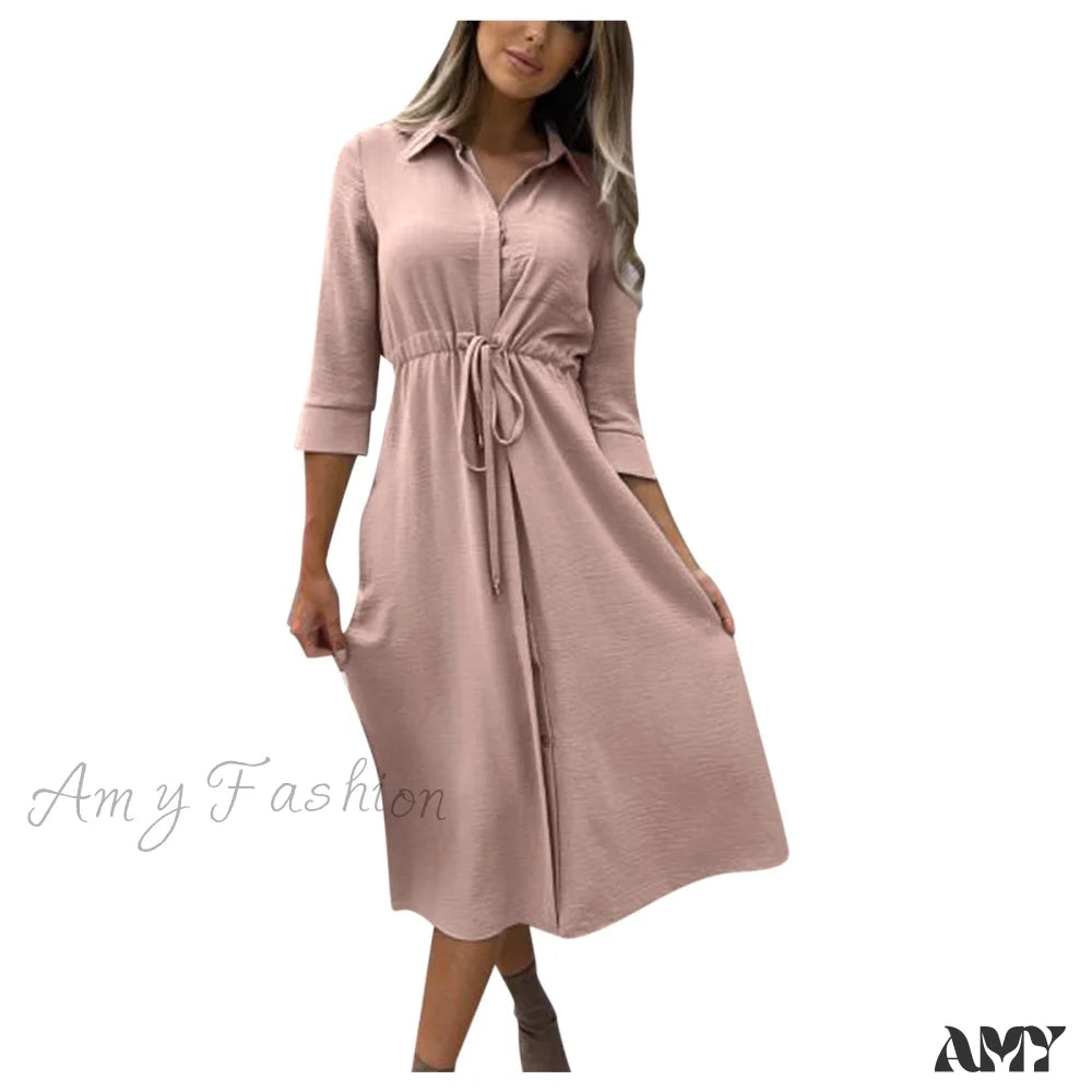 Amy Fashion - Pure Color Elegant Button Lace Up Midi Dress