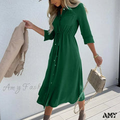Amy Fashion - Pure Color Elegant Button Lace Up Midi Dress