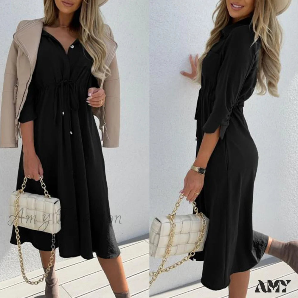 Amy Fashion - Pure Color Elegant Button Lace Up Midi Dress