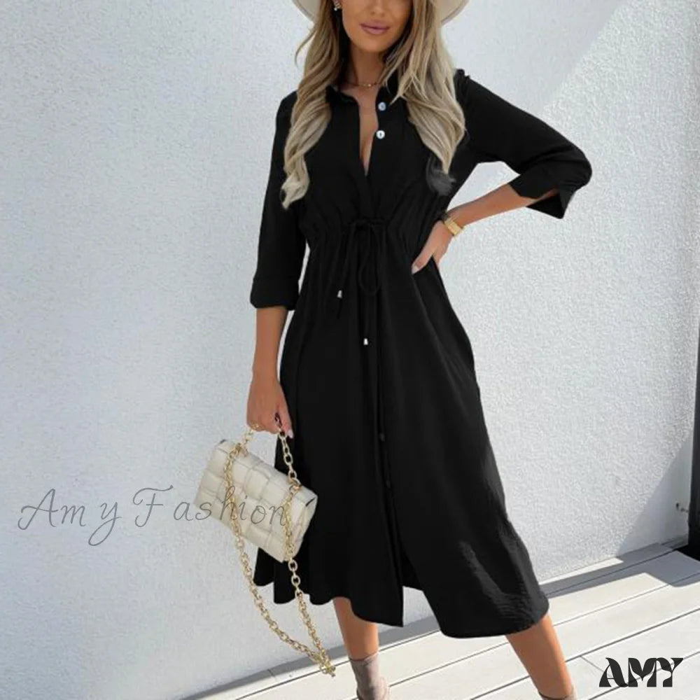 Amy Fashion - Pure Color Elegant Button Lace Up Midi Dress