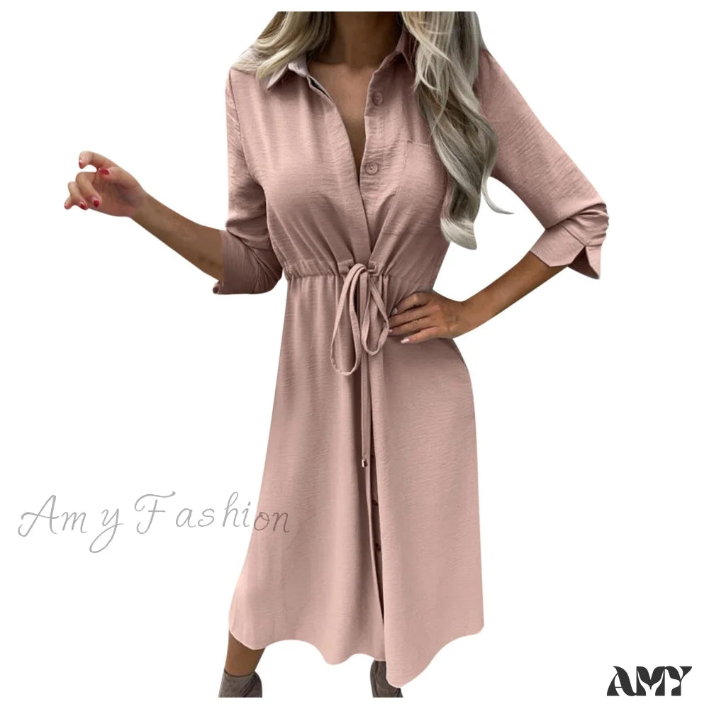 Amy Fashion - Pure Color Elegant Button Lace Up Midi Dress Pink / S