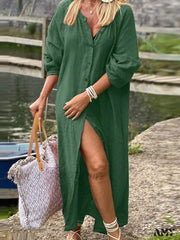 Amy Fashion - Pure Cotton Shirt Casual Elegant Dresses Green / S