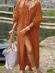 Amy Fashion - Pure Cotton Shirt Casual Elegant Dresses Orange / S