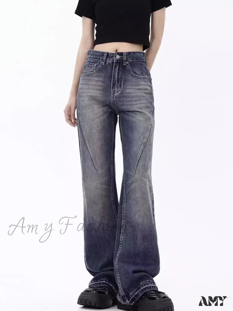 Amy Fashion - Retro Blue Slim Fit Micro Flare Spring And Autumn Loose Spliced Lines Drop Feel