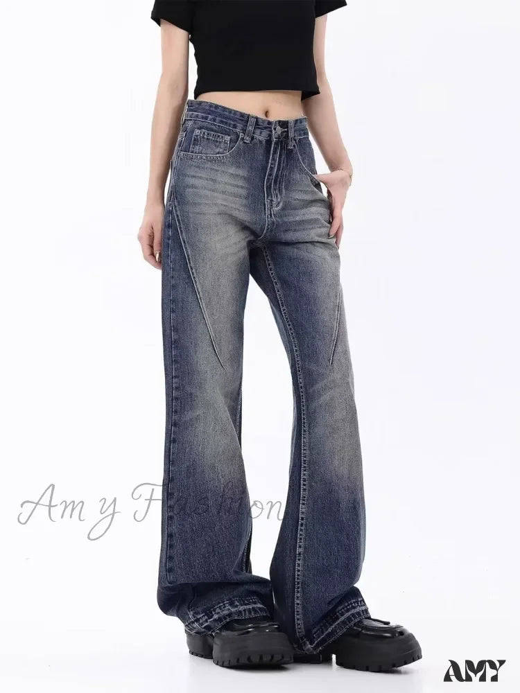 Amy Fashion - Retro Blue Slim Fit Micro Flare Spring And Autumn Loose Spliced Lines Drop Feel