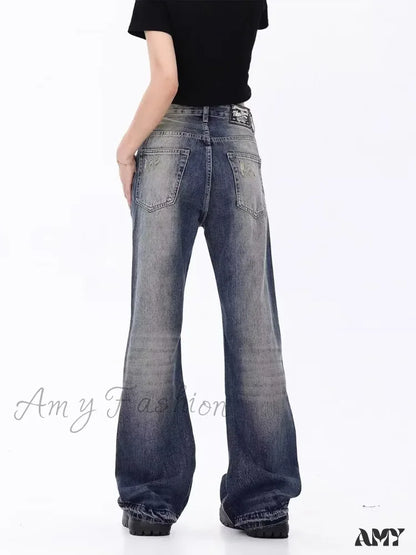 Amy Fashion - Retro Blue Slim Fit Micro Flare Spring And Autumn Loose Spliced Lines Drop Feel