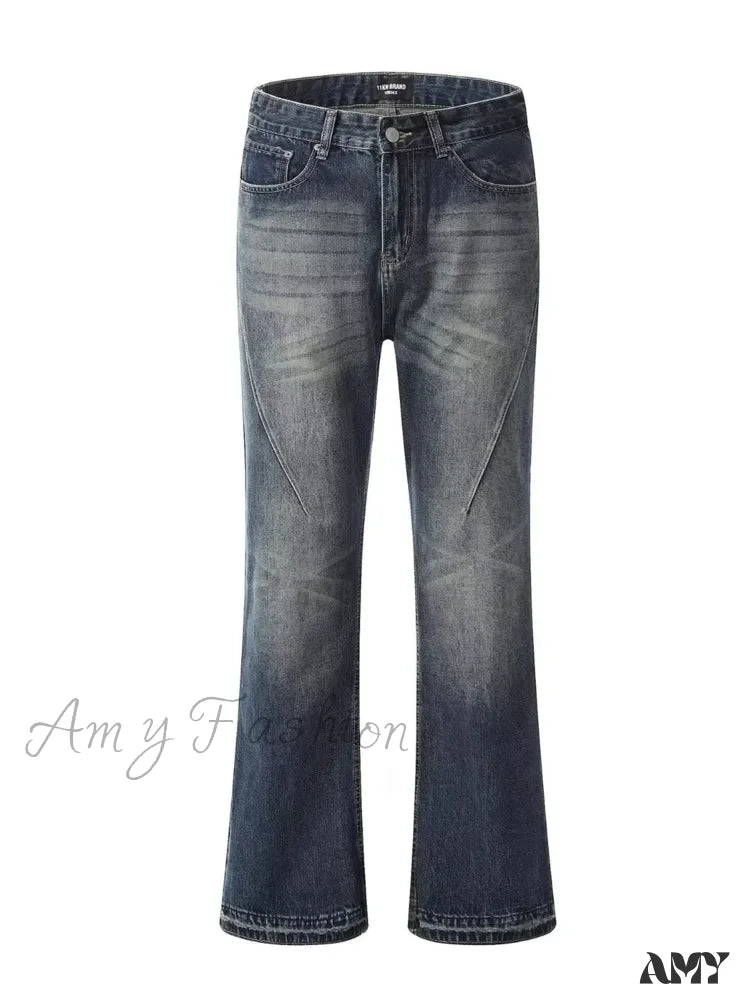 Amy Fashion - Retro Blue Slim Fit Micro Flare Spring And Autumn Loose Spliced Lines Drop Feel