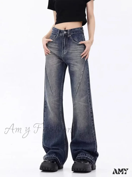 Amy Fashion - Retro Blue Slim Fit Micro Flare Spring And Autumn Loose Spliced Lines Drop Feel