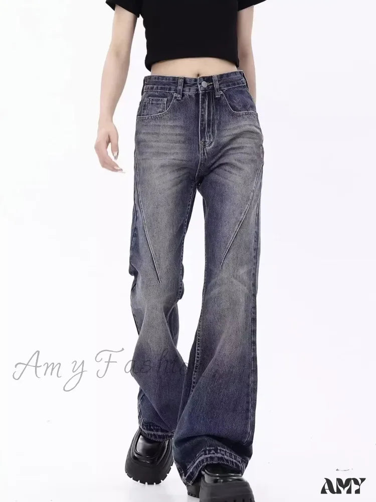 Amy Fashion - Retro Blue Slim Fit Micro Flare Spring And Autumn Loose Spliced Lines Drop Feel