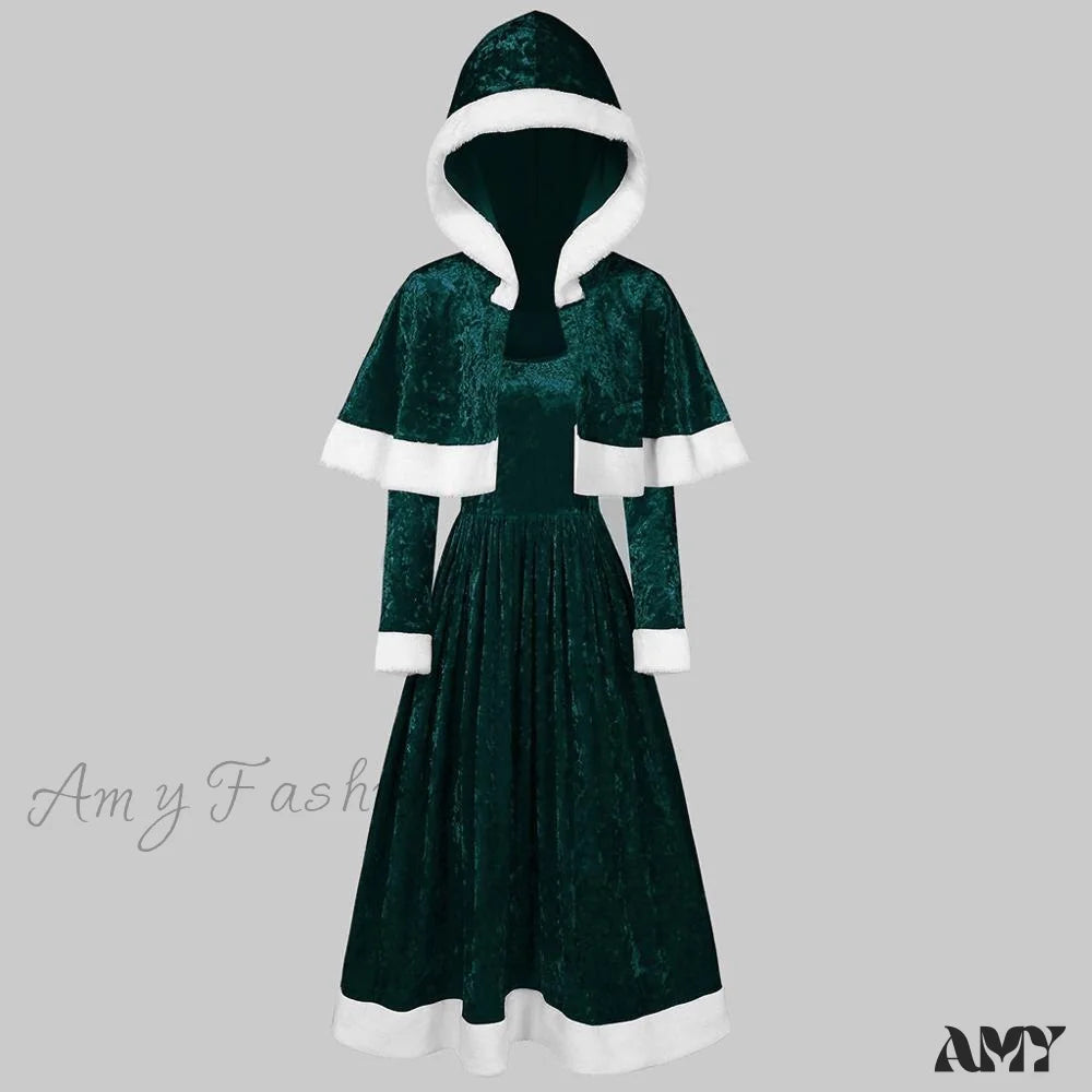 Amy Fashion - Retro Christmas O-Neck Long Sleeve Two-Piece Shawl Dress Dark Green / S