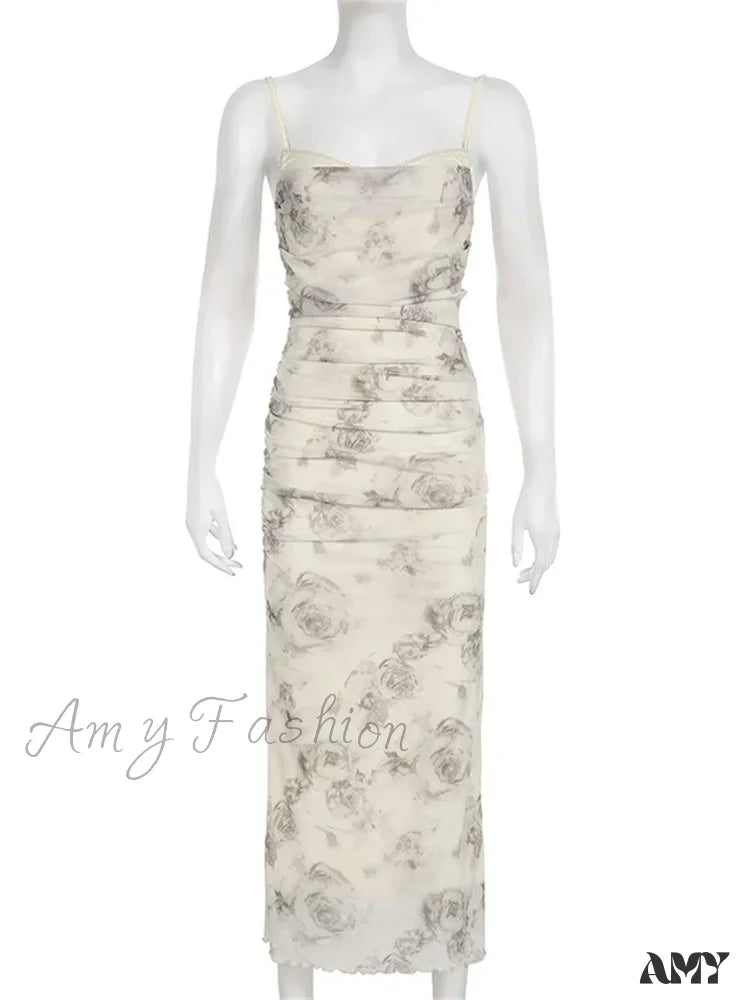 Amy Fashion - Retro Floral Print For Women Sleeveless Strap V-Neck Ruched Split Summer Party Female