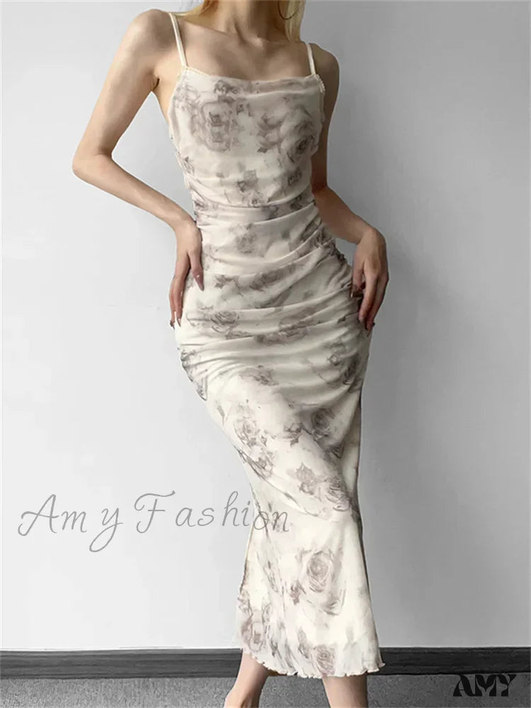 Amy Fashion - Retro Floral Print For Women Sleeveless Strap V-Neck Ruched Split Summer Party Female