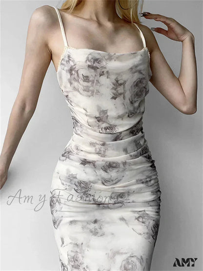 Amy Fashion - Retro Floral Print For Women Sleeveless Strap V-Neck Ruched Split Summer Party Female