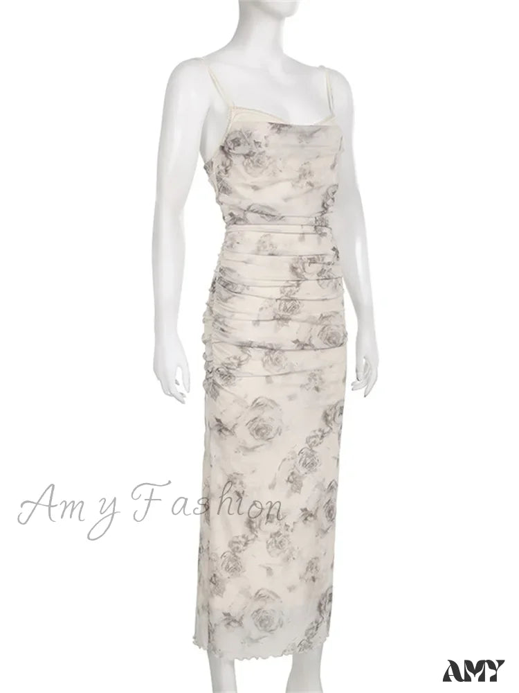 Amy Fashion - Retro Floral Print For Women Sleeveless Strap V-Neck Ruched Split Summer Party Female