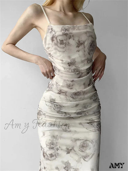 Amy Fashion - Retro Floral Print For Women Sleeveless Strap V-Neck Ruched Split Summer Party Female