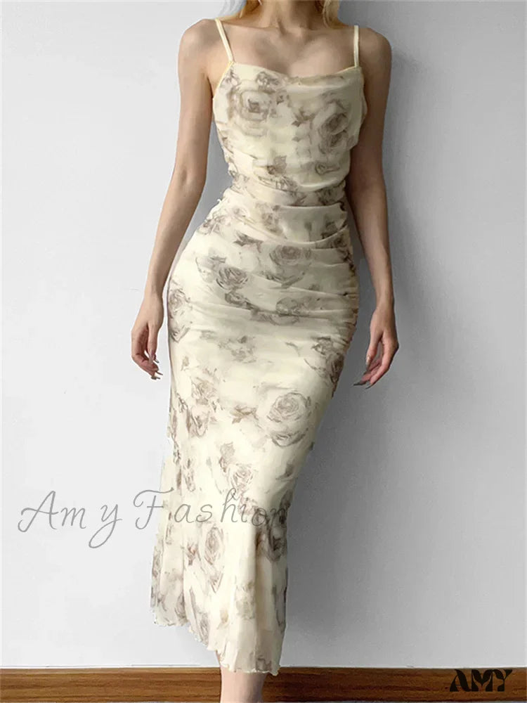 Amy Fashion - Retro Floral Print For Women Sleeveless Strap V-Neck Ruched Split Summer Party Female