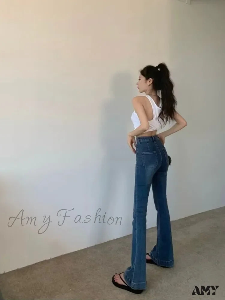 Amy Fashion - Retro Hot Girl Belt Niche High-Waisted Elastic Mopping Jean